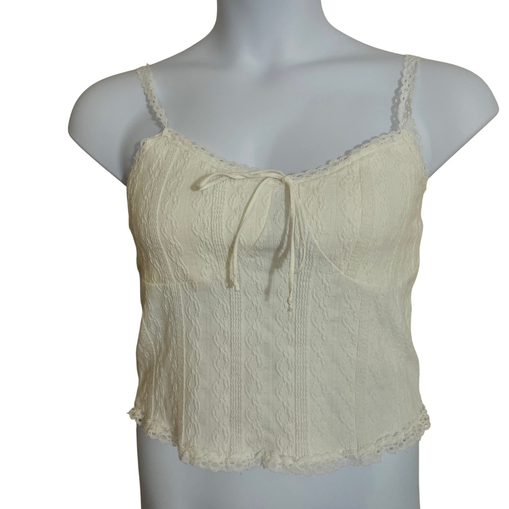 Hesper Womens White Lace Trim Pointelle Cami XL Boho Cottagecore Coquette Tank